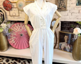 Open Back 80s Jumpsuit: White Cotton Pleated Trouser