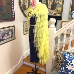 Yellow tulle cape, long yellow cape, ruffled tulle long cape, hand dyed tulle, long tulle cape, fab208nyc, cosplay, pin up girl tulle cape