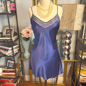 Vintage midnight blue silk slip dress, Victorias Secret silk slip dress, silk and mesh slip dress, 90s Victorias Secret short slip dress