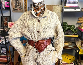 Cable knit cardigan sweater: unisex oatmeal beige aran sweater