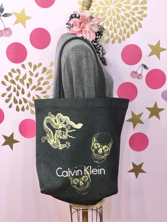 VINTAGE DRAGON TOTE/dragon print tote bag/skull pr