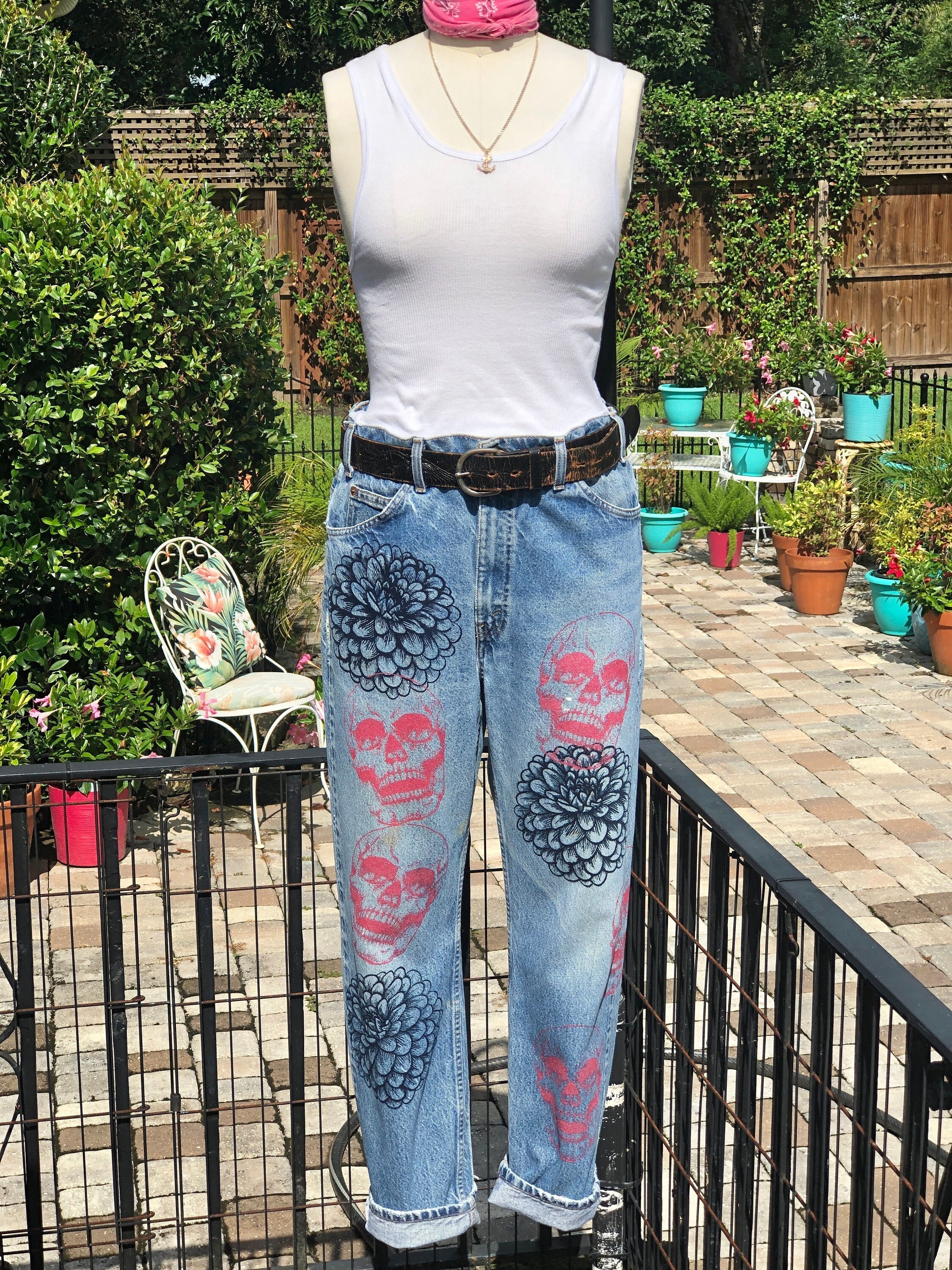 SKULL PRINT Jeans/recycled Levis/vintage 505 Jeans/dahlia - Etsy UK