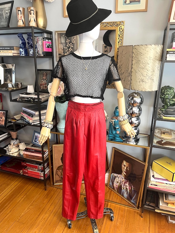Vintage 80s red leather pants: high waist side buckle trousers