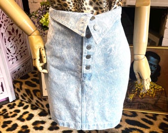 80s Foldover Waist Acid Wash Denim Skirt