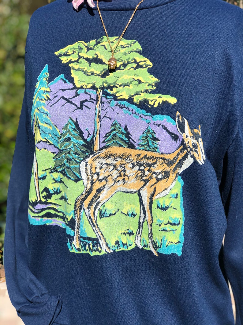 VINTAGE SWEATSHIRT80s sweaterbambi sweatshirtvintage sweatshirtblue sweatshirtboho sweatshirtdeer and mountains printfab208nycfab208