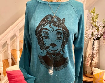 GOTH GIRL SWEATSHIRT/teal sweatshirt/spooky girl print/goth girl print sweatshirt/80s sweatshirt/vintage sweatshirt/fab208nyc/80s teal