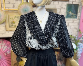 80s Black White Jumpsuit: V Neck Ruffle Front