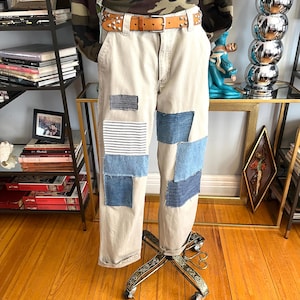Upcycled Carhartt, 34&#39;&#39;patched Carhartt pants, vintage work pants, patched work pants, tan patched Carhartt, fab208nyc, vintage Carthartt