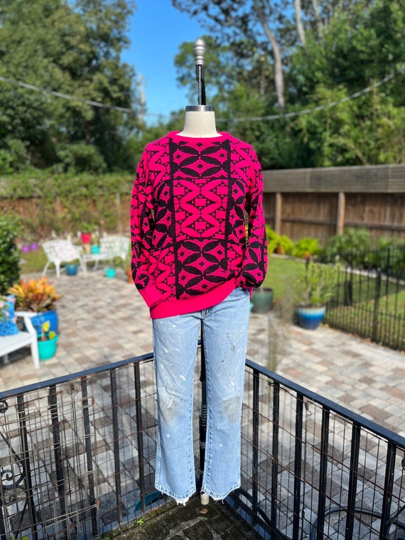 VINTAGE 80S SWEATER/acrylic sweater/pink black ge… - image 3