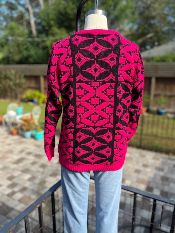 VINTAGE 80S SWEATER/acrylic sweater/pink black ge… - image 4