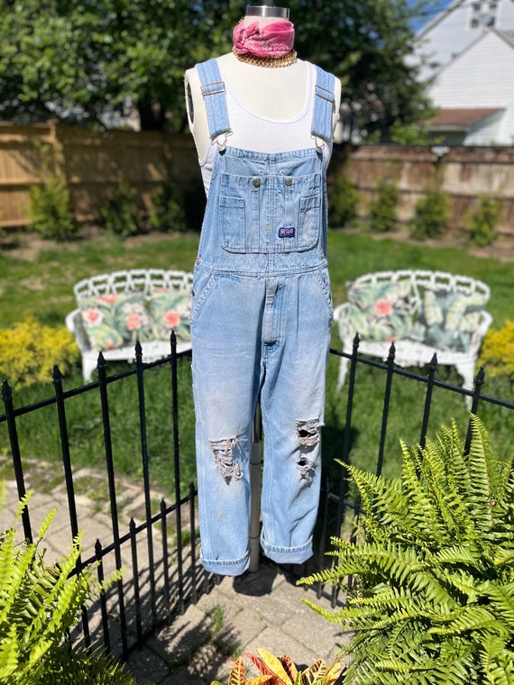 VINTAGE RIPPED OVERALLS, 34x29, faded denim overal