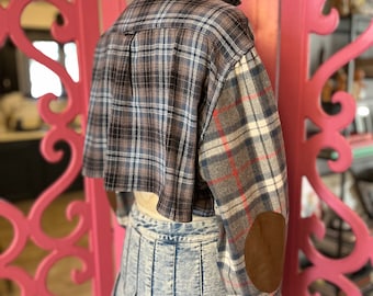 RECYCLED CROP FLANNEL/ mix flannel shirt/short flannel shirt/vintage recycled flannels/fab208nyc/grey plaid flannel/mix plaid crop shirt