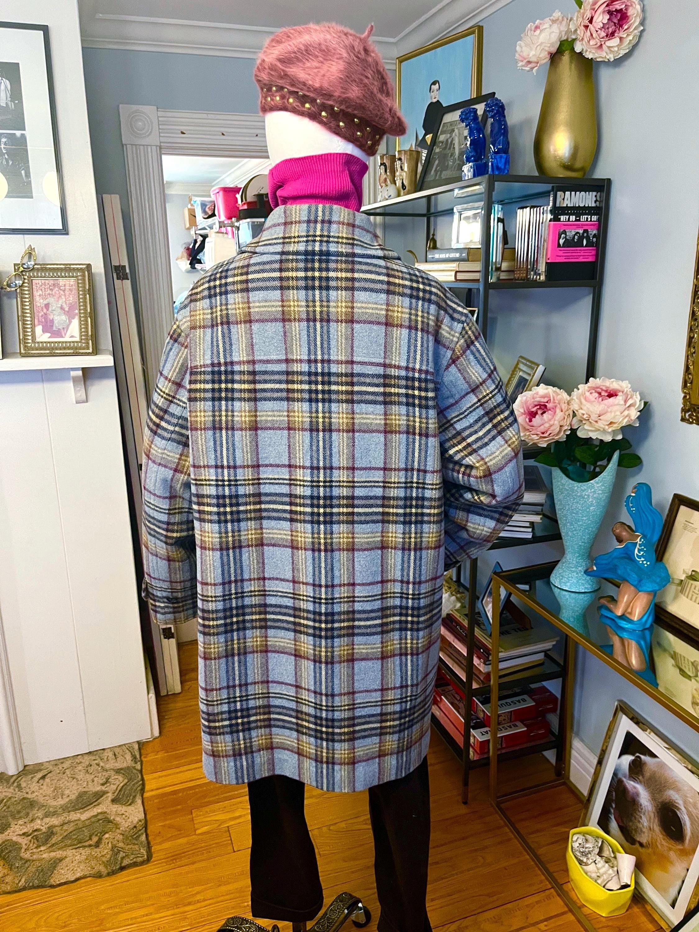 ヴィンテージ LL Bean チェック柄ダッフルコート：ブルーウールに桜柄