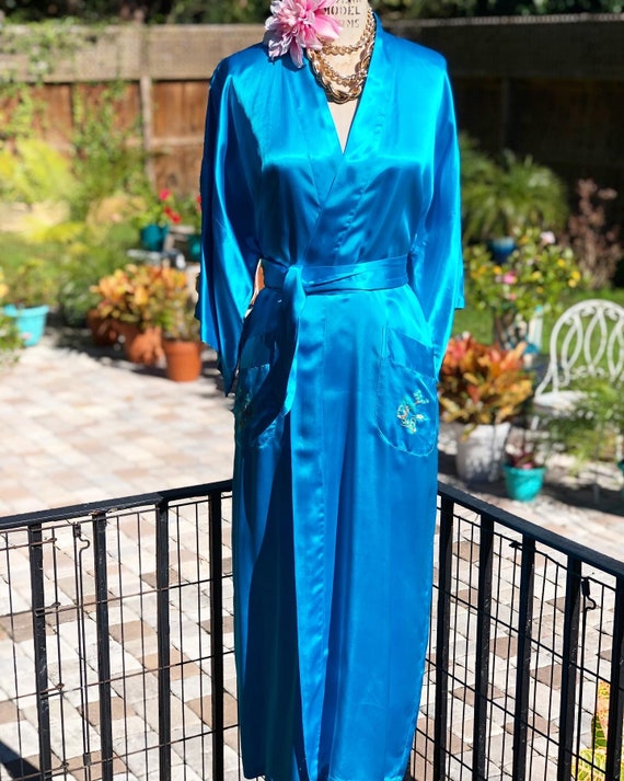VINTAGE SATIN KIMONO/boho robe/turquoise satin rob
