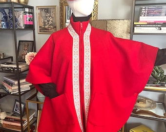 Vintage red wool cape: USA made cape with trim added