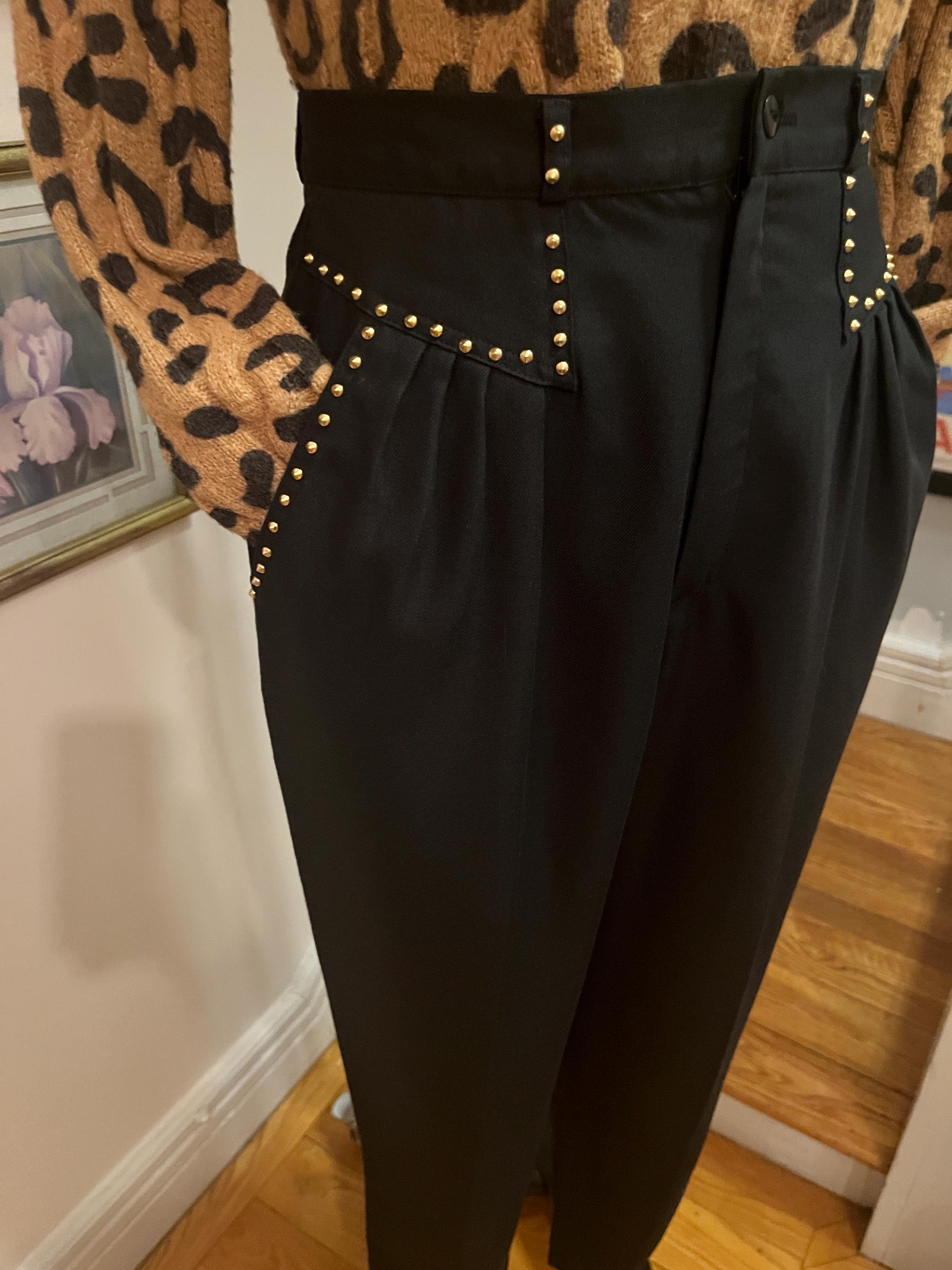 80s Studded Pants, Black High Waist Pants, Ladies 80s Pants, Gold Mini Stud Pants, Vintage Black Pants, Gold Stud Detail Pants, fab208nyc