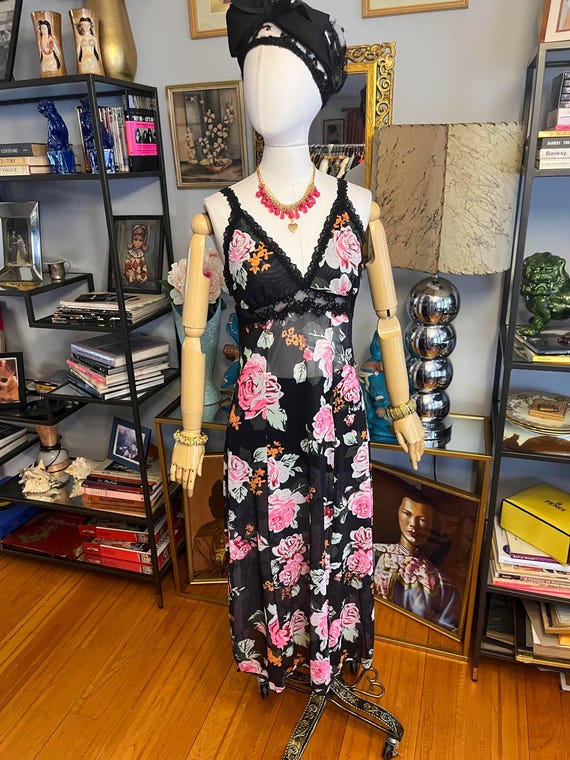 knee length dresses for ladies Garden Grown Floral-print Mesh Midi Slip Dress Black / M