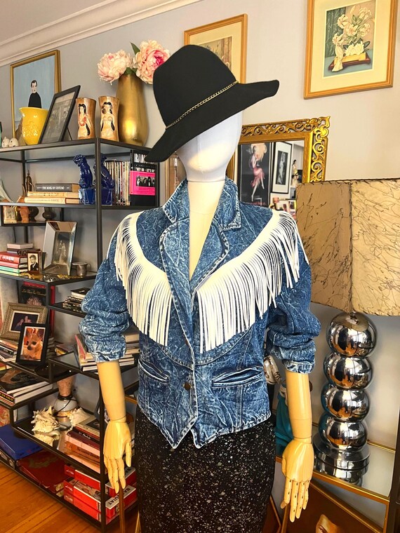 Vintage 90s Acid Wash Denim Blazer: White Fringe Short Batwing 