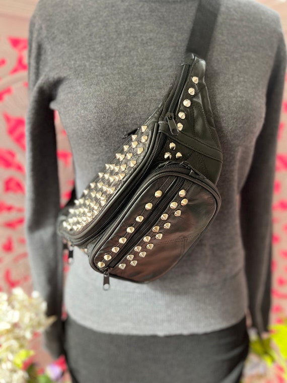 MED STUDDED FANNYPACK/studded fanny pack/black le… - image 1