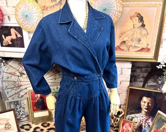 Donkere denim damesjumpsuit uit de jaren 80