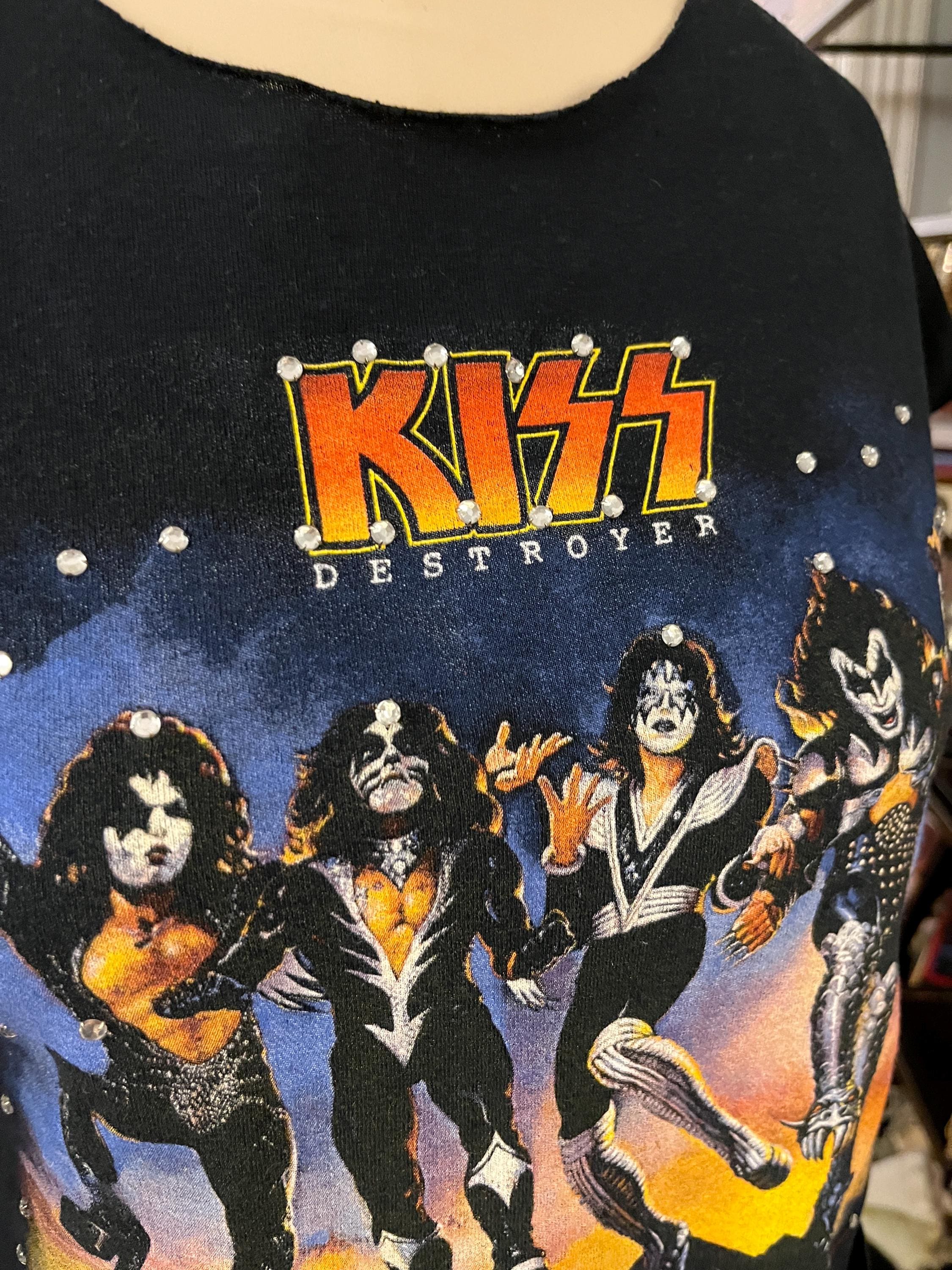 ヴィンテージ ラインストーン キス デストロイヤー クロップ Tシャツ