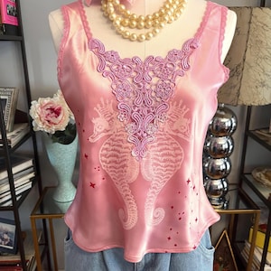 Upcycled vintage camisole, pink star print, seahorse print, hand dyed pink camisole, silky tank top, short camisole, fab208nyc, lingerie top