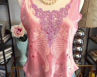 Upcycled vintage camisole, pink star print, seahorse print, hand dyed pink camisole, silky tank top, short camisole, fab208nyc, lingerie top