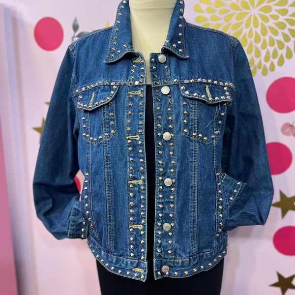 STUDDED DENIM JACKET/ vintage denim jacket/silver studded denim jacket/recycled denim jacket/fab208nyc/fab208/silver spike stud denim jacket