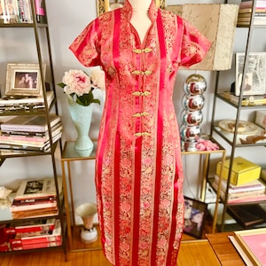Vintage red cheongsam, red and gold asian dress, classic cheongsam dress, vintage dress, fab208nyc, red satin dress, red satin maxi dress