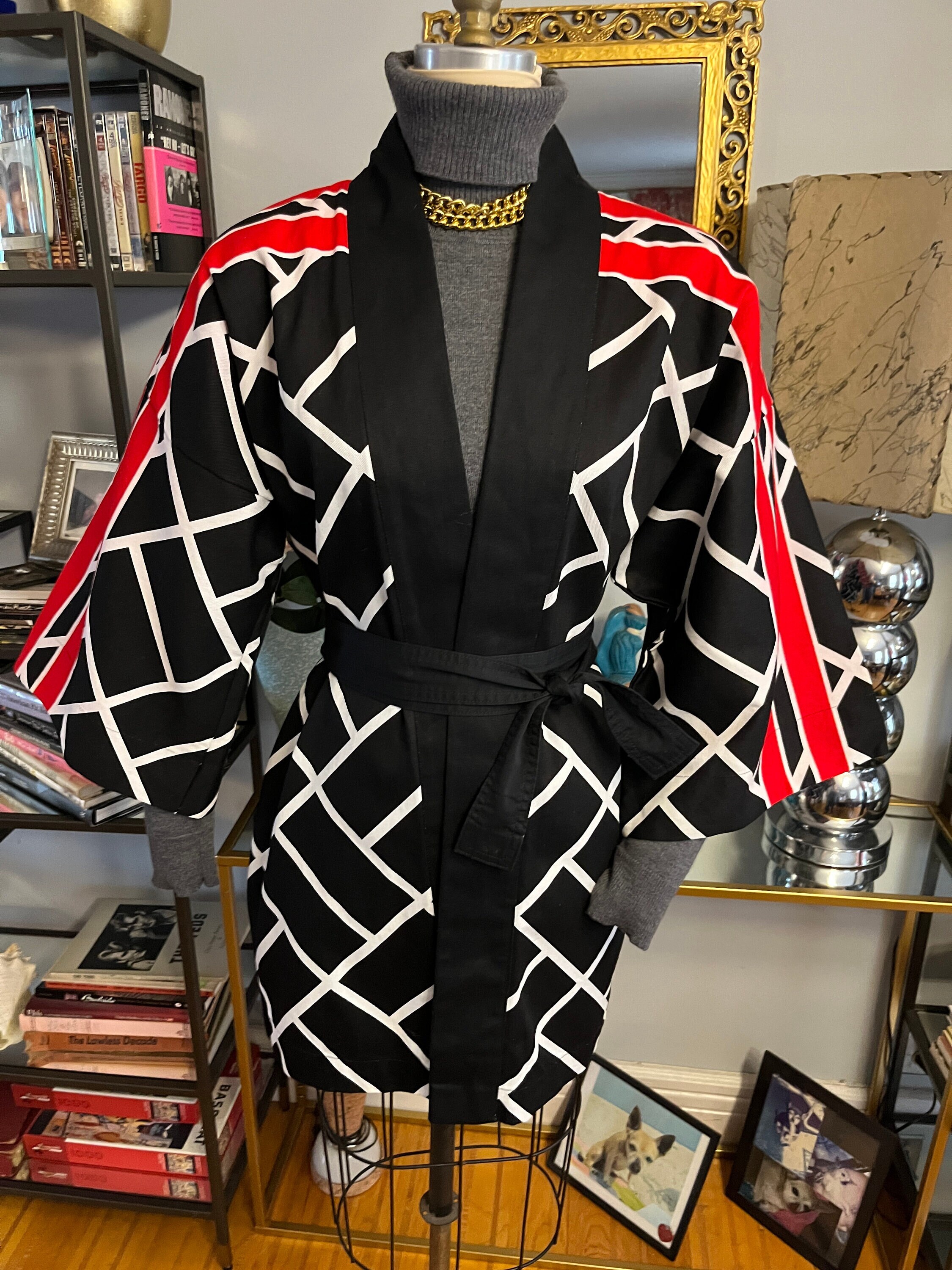 Kimono Jacket, Red Black White Denim Kimono Coat, Asian