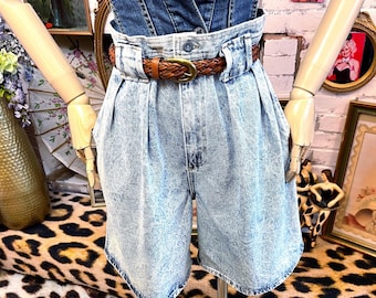 High Waist Acid Wash Pleated Shorts