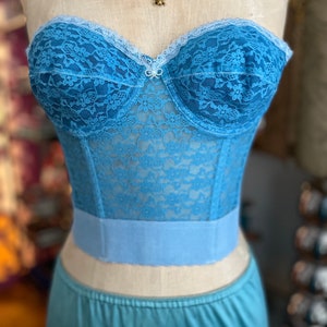 Vintage Hand-Dyed Blue Lace Bustier: 50s Corset Top (32 B)