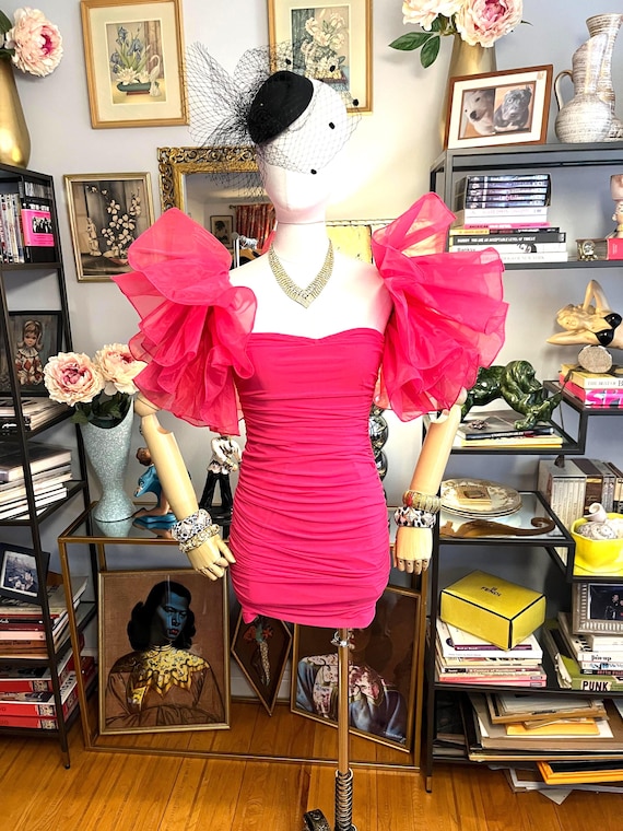 neon pink mesh dress Hot pink mesh and tulle sexy mini dress: ruched pouf sleeve party dress