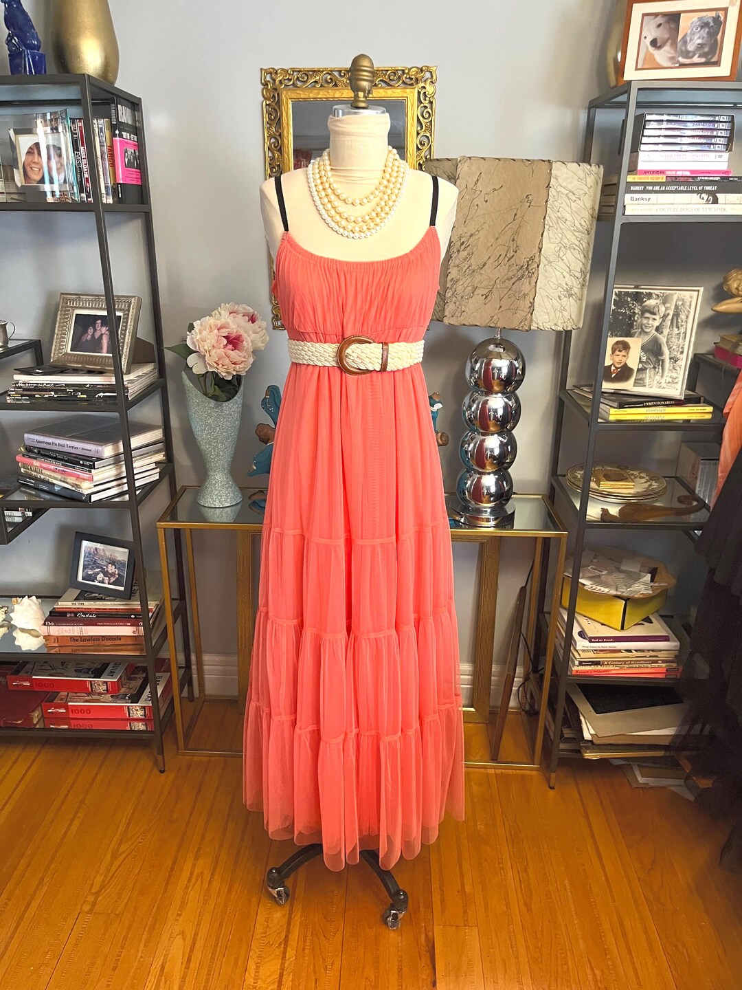 Anthropologie Tulle Maxi Dress: Melon Orange Mesh, Size M