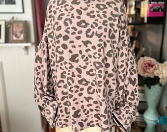 PINK LEOPARD SWEATER/soft lightweight stretch fleece/full sleeve sweater/pink leopard print/L turtleneck sweater/fab208nyc/slouchy sweater