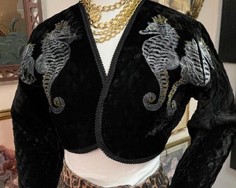 【I AM MARI】Older Cubic Bolero Velvet Long One Piece Vintage Velvet Short Jacket, Upcycled Velvet Jacket