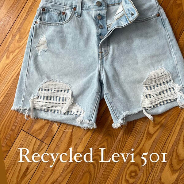 VINTAGE 501 LEVI CUT offs, vintage Levi 501 shorts, upcycled levis, upcycled 501 jean short, trashed denim short, fab208nyc, levi jean short