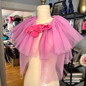 Tulle mini cape, hand dyed tulle, velvet ribbon ties, pink tulle cape, pink mesh tulle cape, soft tulle cape, fab208nyc