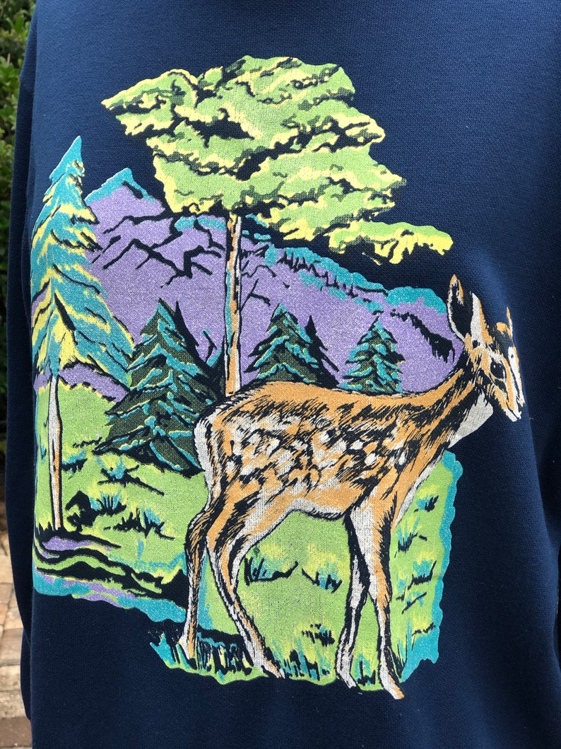 VINTAGE SWEATSHIRT80s sweaterbambi sweatshirtvintage sweatshirtblue sweatshirtboho sweatshirtdeer and mountains printfab208nycfab208