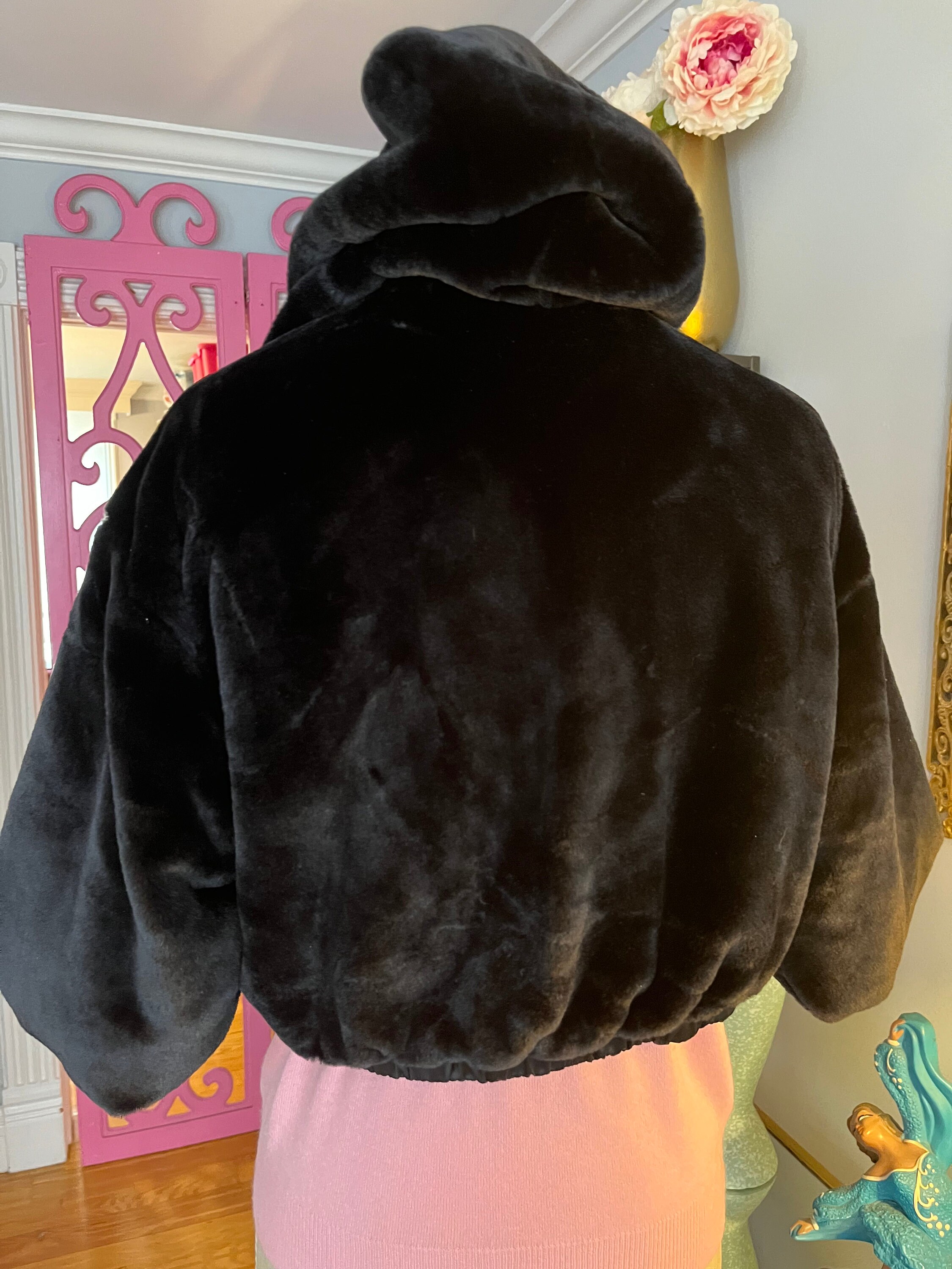 Reversible Fake Fur and Satin Bomber Jacket, Black Fake Fur