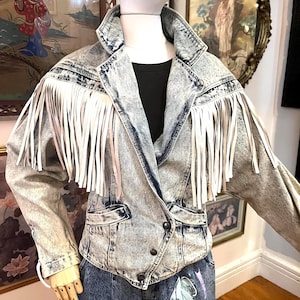 Vintage 80s Acid Wash Denim Jacket: Leather Fringe, Batwing