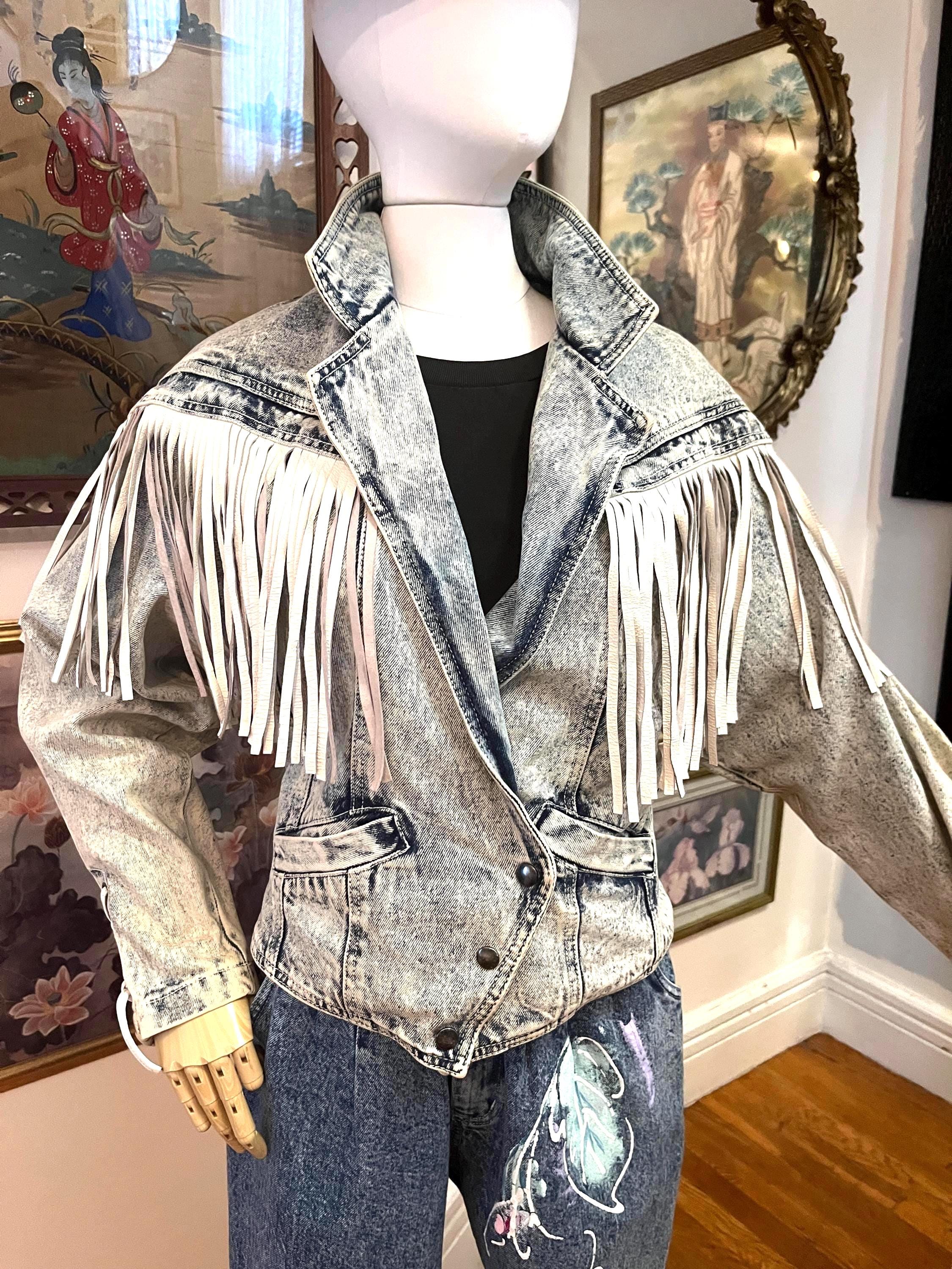 Vintage 80s Acid Wash Denim Jacket: Leather Fringe, Batwing Vintage 80s Acid Wash Denim Jacket: Leather Fringe, Batwing
