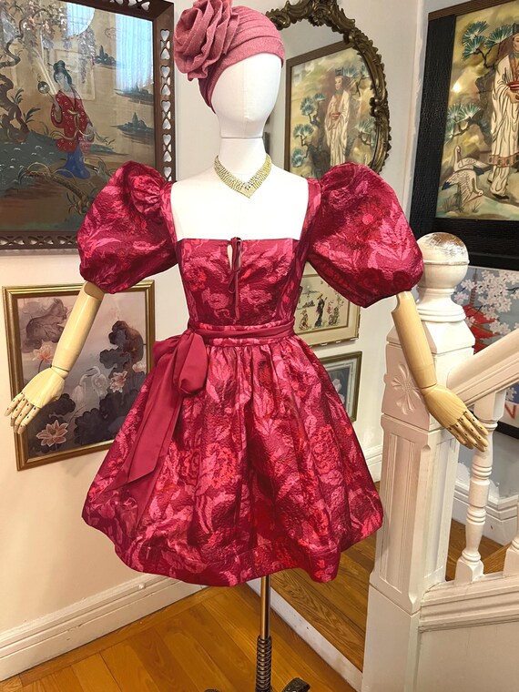 Bhldn Magenta Print Dress: Anthropologie Lace-Up Back, Full Sleeve