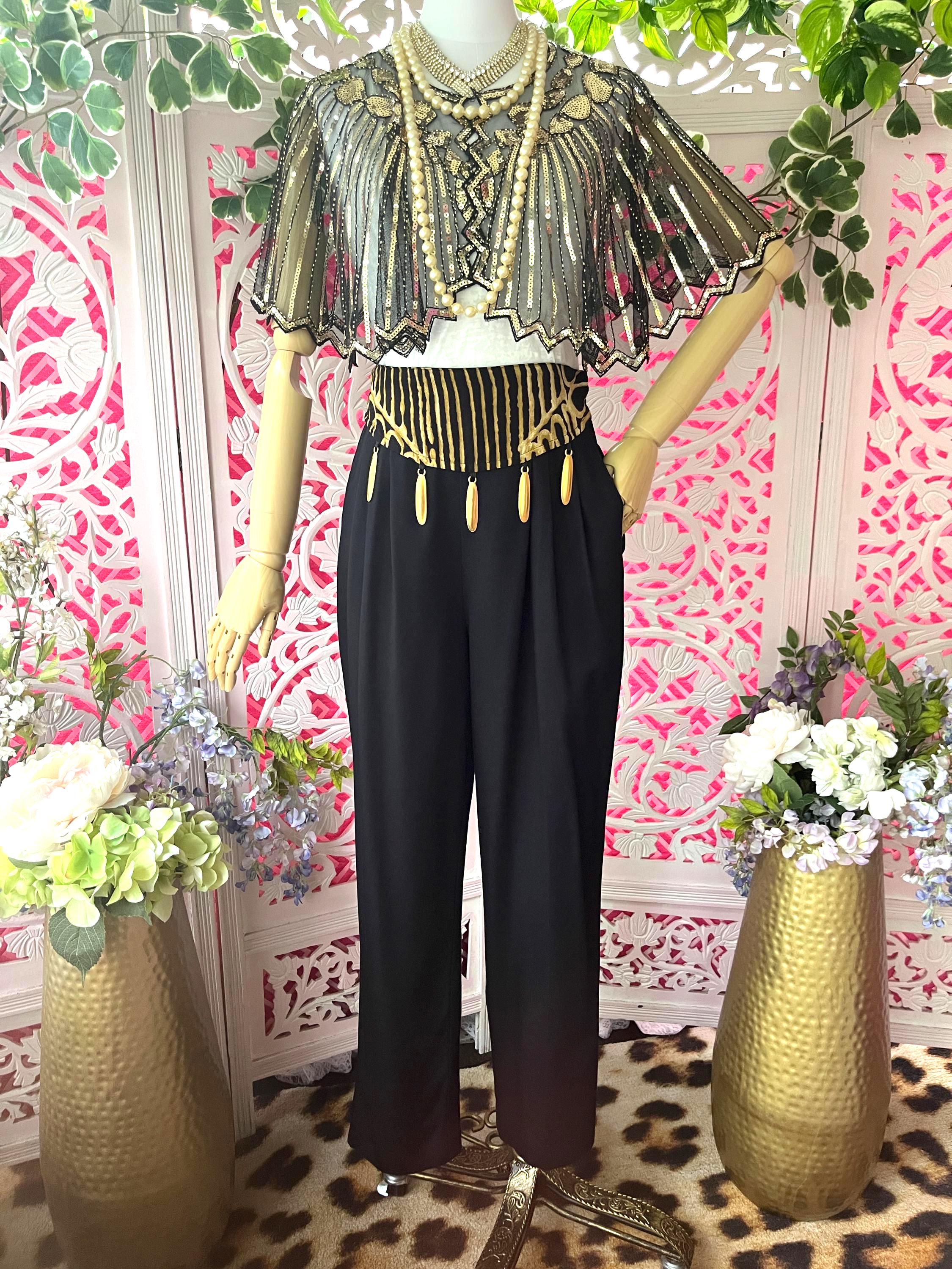 Vintage 80s Black Trousers: African Print Trim, Gold Charm Detail