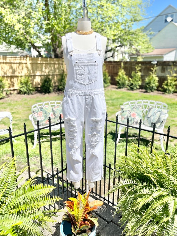 RIPPED WHITE OVERALLS, vintage white denim, white 