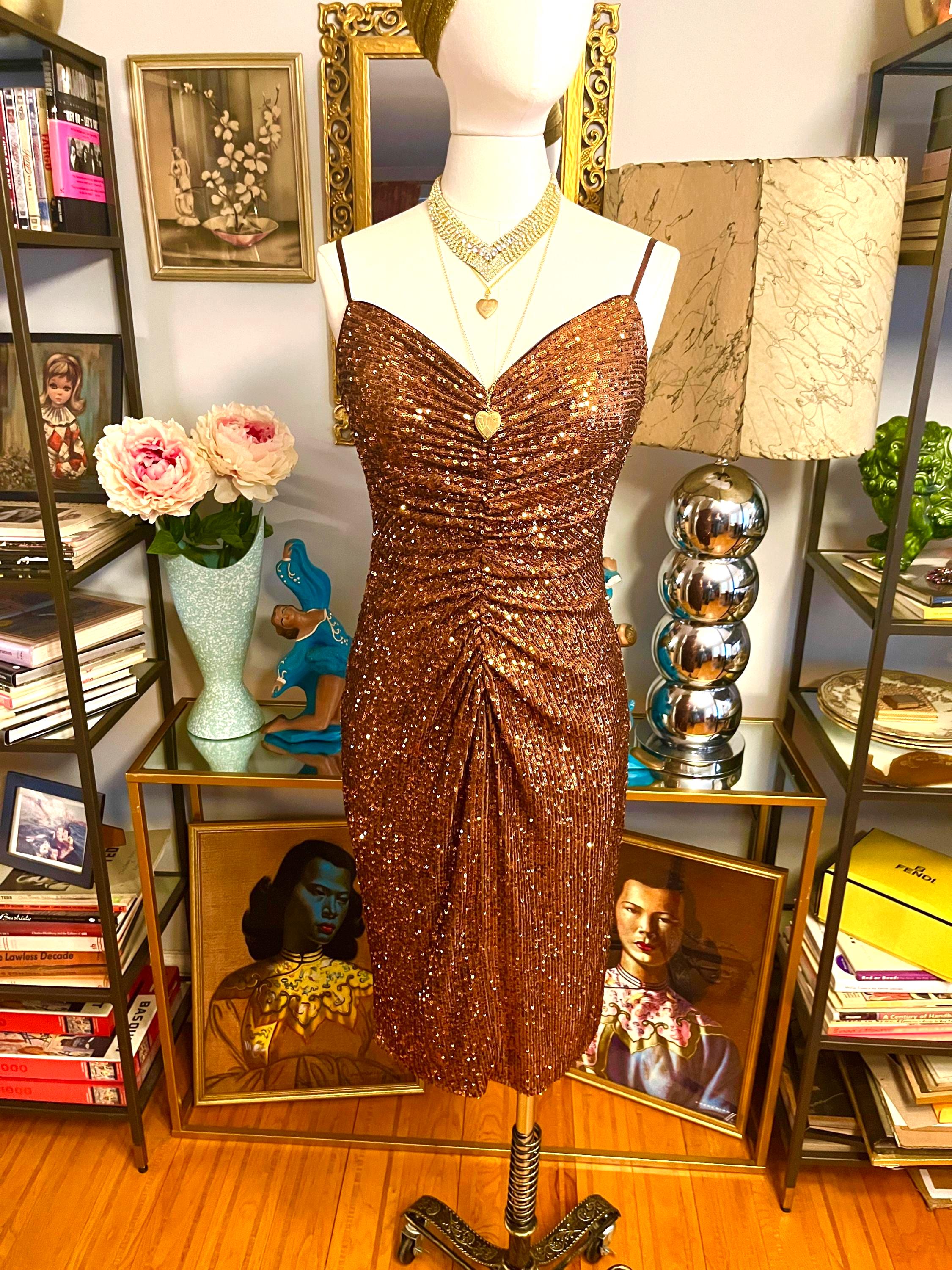 sequin 90s dress Donna Karan Women's Sleeveless Midi Halter Dress in Desert Clay Multi main image 1