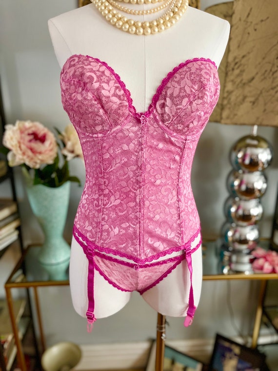 Pink Bustier Panty Set, 34D, Hot Pink Corset Bustier and Bikini  