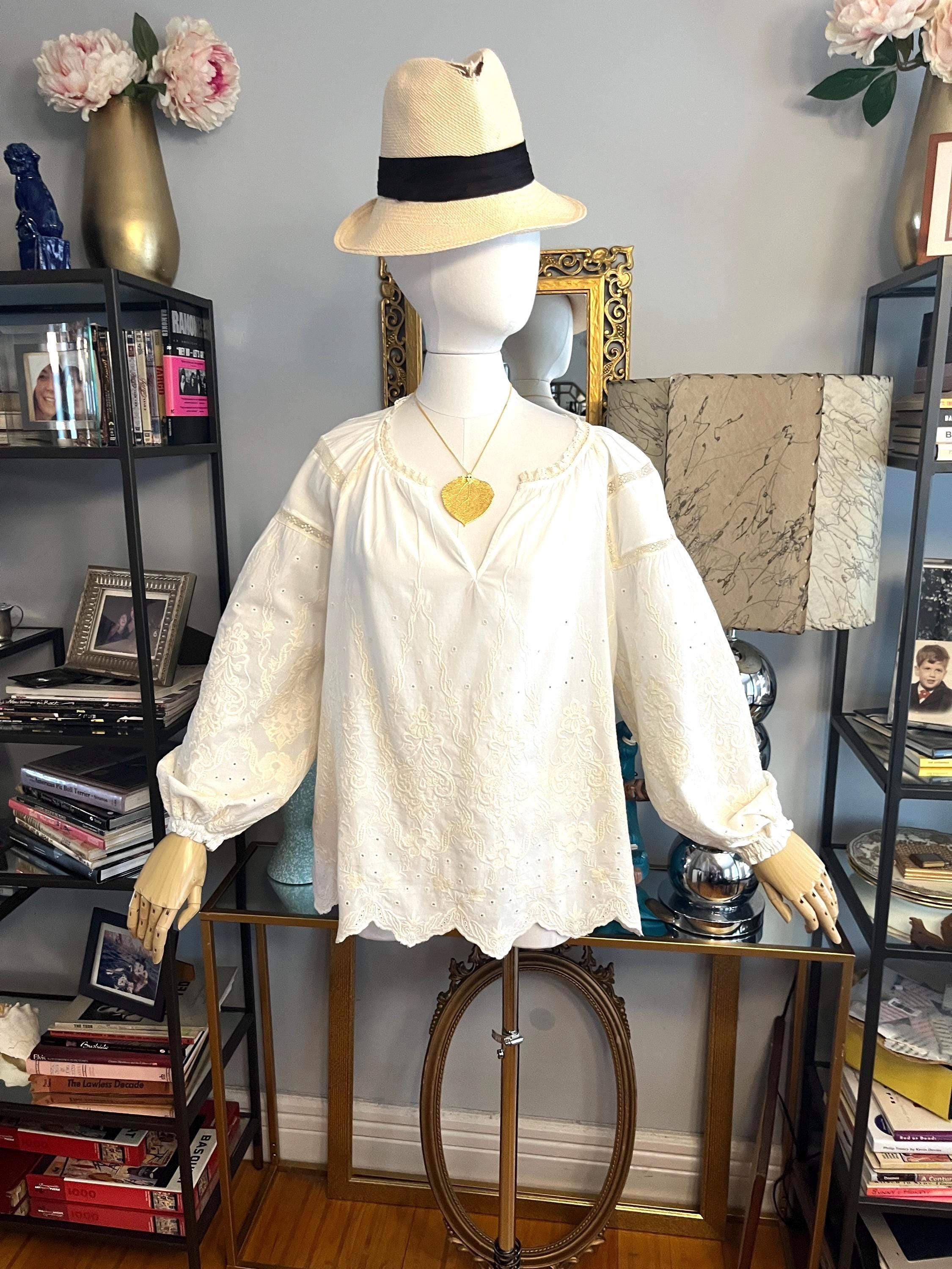 Embroidered White Cotton Peasant Blouse: Boho Style XL