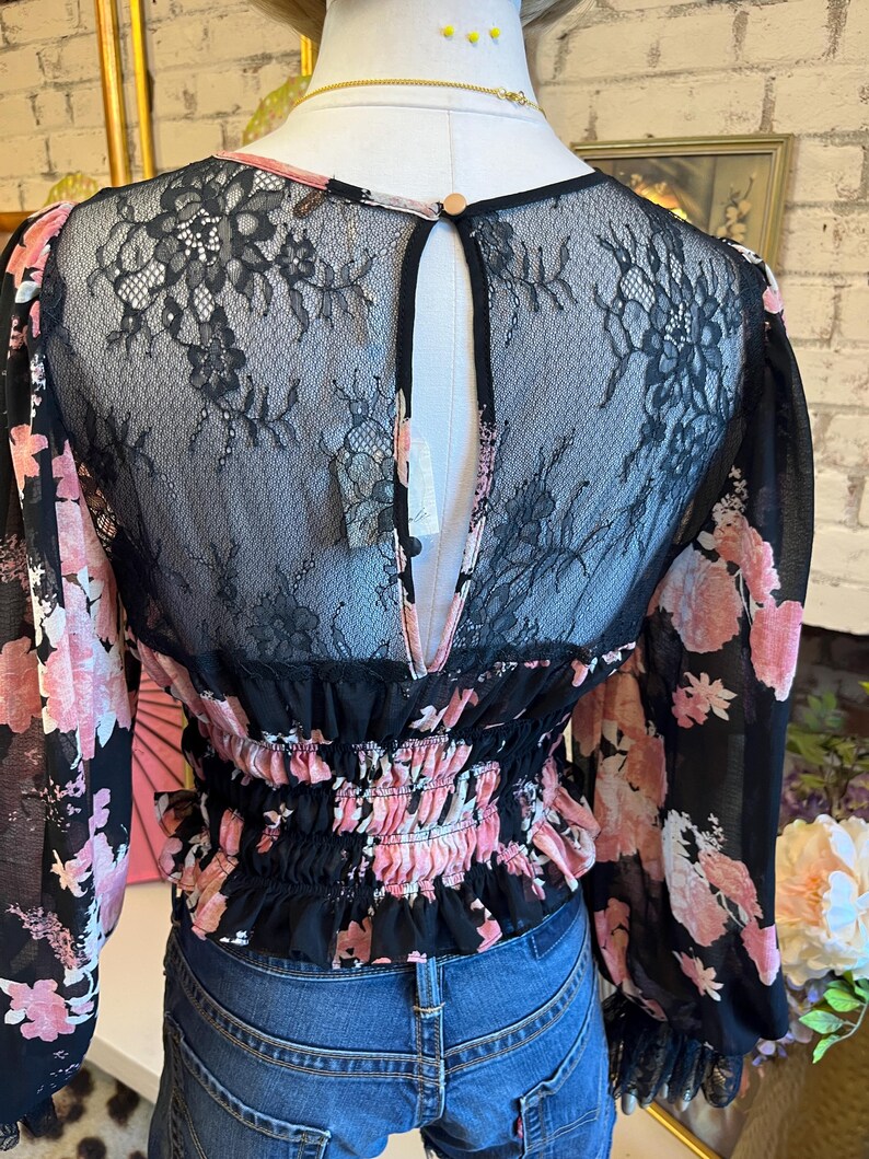 Free People black floral blouse with tags: lace and sheer blouse image 8