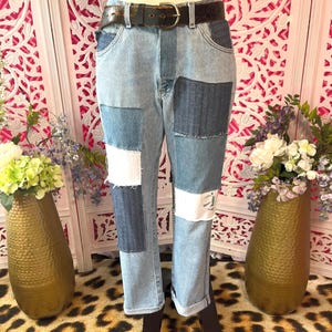 Upcycled Lee jeans, 32x30, patched Lee jeans, vintage jeans, recycled denim, faded denim , patched jeans, patched denim, fab208nyc, 80s jean